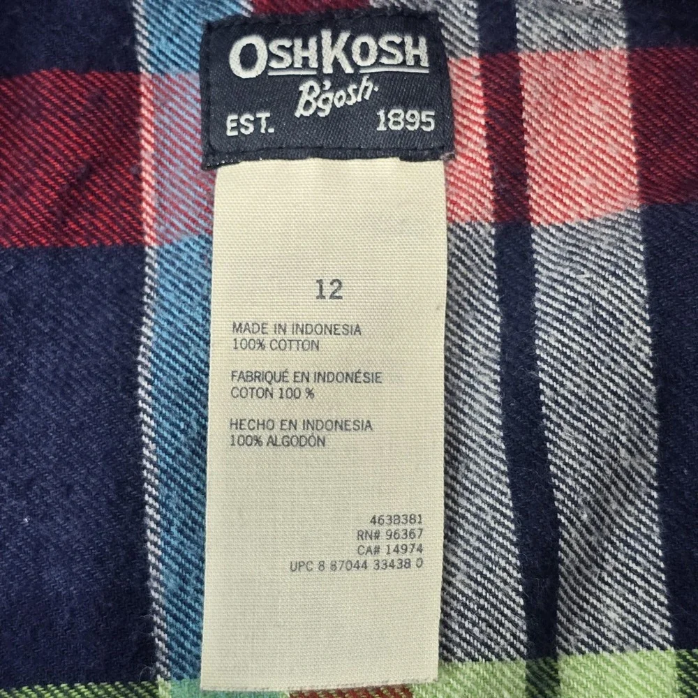 OshKosh Bgosh Boys Multicolor Plaid Flannel Button Down Shirt 12 Classic Outdoor
